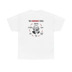 White t-shirt, back printed printed with "THE COMMUNIST CYCLE": six red arrows looping around a crying Karl Marx cartoon, from "establish a new communist utopia" round to "say it wasn’t real communism".