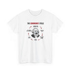 White t-shirt printed with "THE COMMUNIST CYCLE": six red arrows looping around a crying Karl Marx cartoon, from "establish a new communist utopia" round to "say it wasn’t real communism", shown flat from another angle.