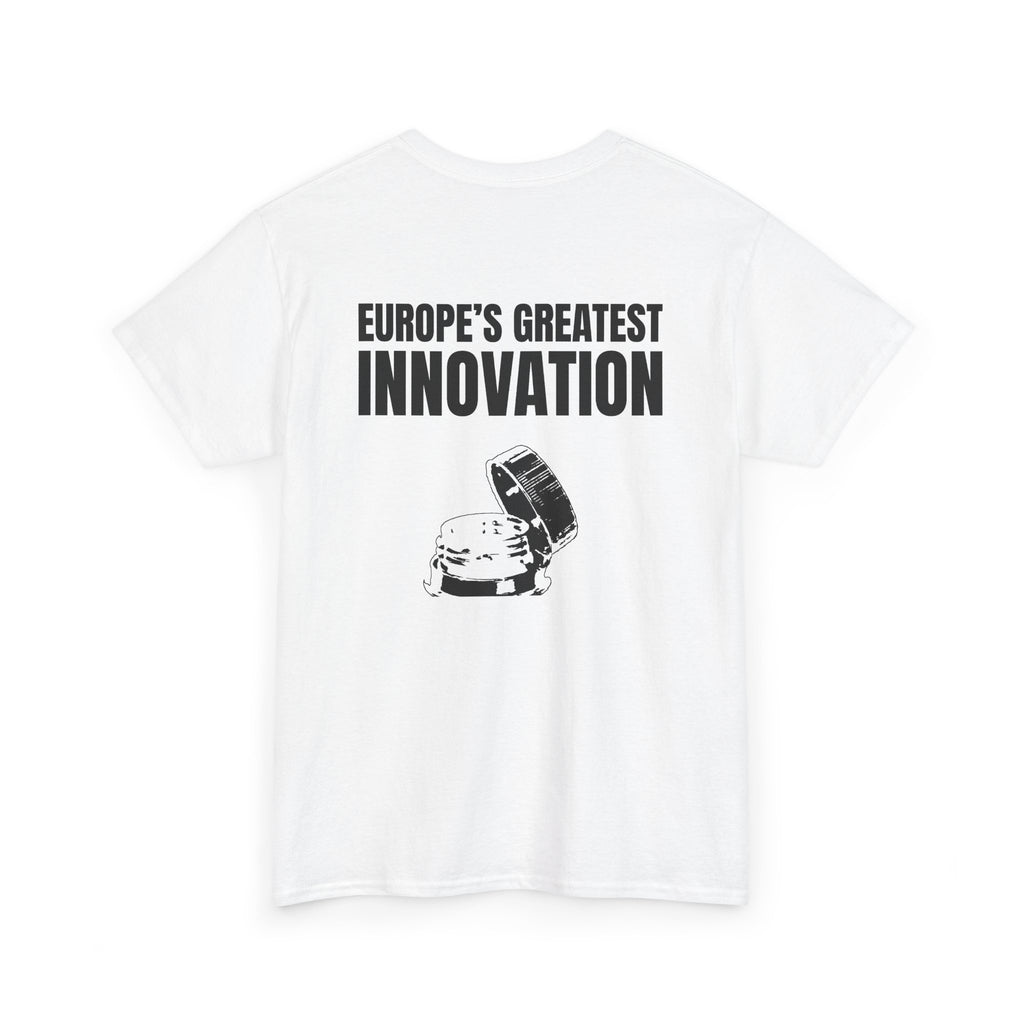 White t-shirt, back printed printed with "EUROPE’S GREATEST INNOVATION" above an ink drawing of a tethered bottle cap, shown from another angle.