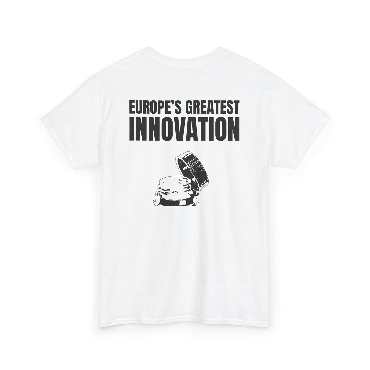 White t-shirt, back printed printed with "EUROPE’S GREATEST INNOVATION" above an ink drawing of a tethered bottle cap, shown from another angle.