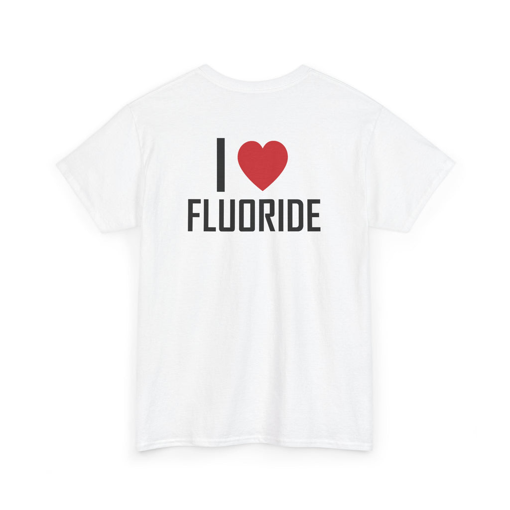 White t-shirt, back printed printed with "I", a large red heart, then the word FLUORIDE, shown from another angle.
