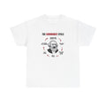 White t-shirt printed with "THE COMMUNIST CYCLE": six red arrows looping around a crying Karl Marx cartoon, from "establish a new communist utopia" round to "say it wasn’t real communism".