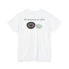 White t-shirt, back printed printed with "My pronouns are all/in" in serif type above a roulette wheel and a fanned pile of banknotes, shown from another angle.