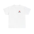 White t-shirt printed with "I", a large red heart, then the words MY DATA.