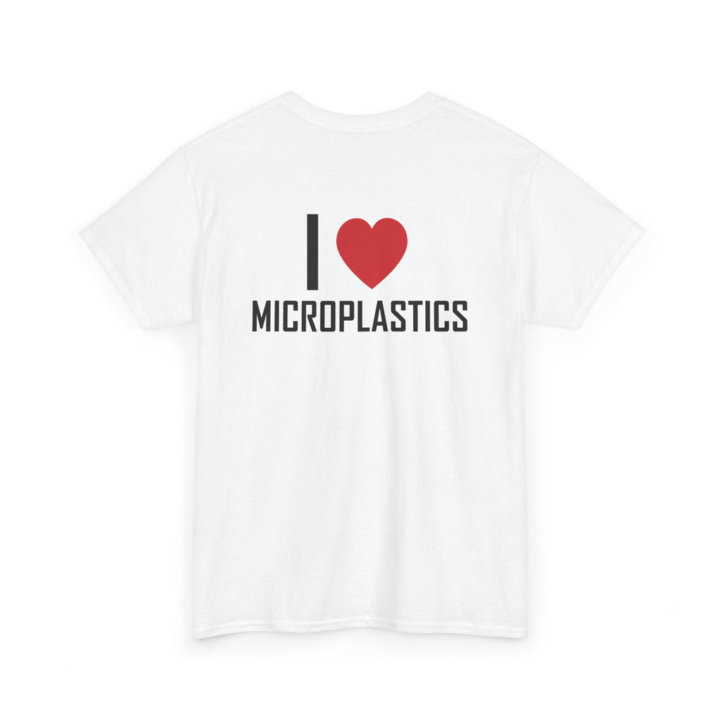 White t-shirt, back printed printed with "I", a large red heart, then the word MICROPLASTICS, shown from another angle.