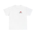 White t-shirt printed with "I", a large red heart, then the word MICROPLASTICS.