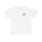 White t-shirt printed with "I", a large red heart, then the word MICROPLASTICS.