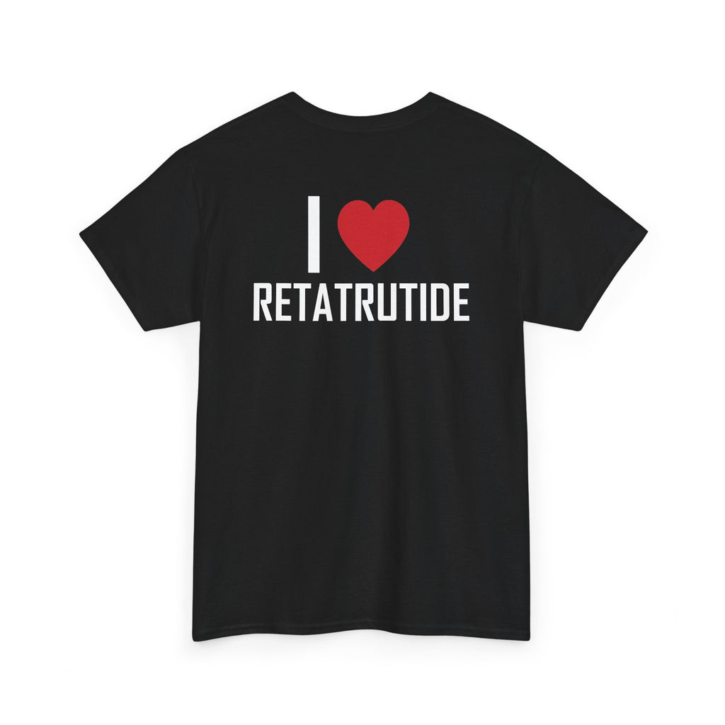 Black t-shirt, back printed printed with "I", a large red heart, then the word RETATRUTIDE, shown from another angle.