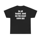 Black t-shirt, back printed with "im all healed. send me the exact same guy".