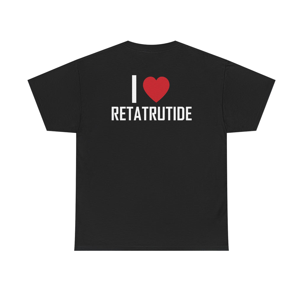 Black t-shirt, back printed printed with "I", a large red heart, then the word RETATRUTIDE.