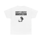 White t-shirt, back printed printed with "EUROPE’S GREATEST INNOVATION" above an ink drawing of a tethered bottle cap.
