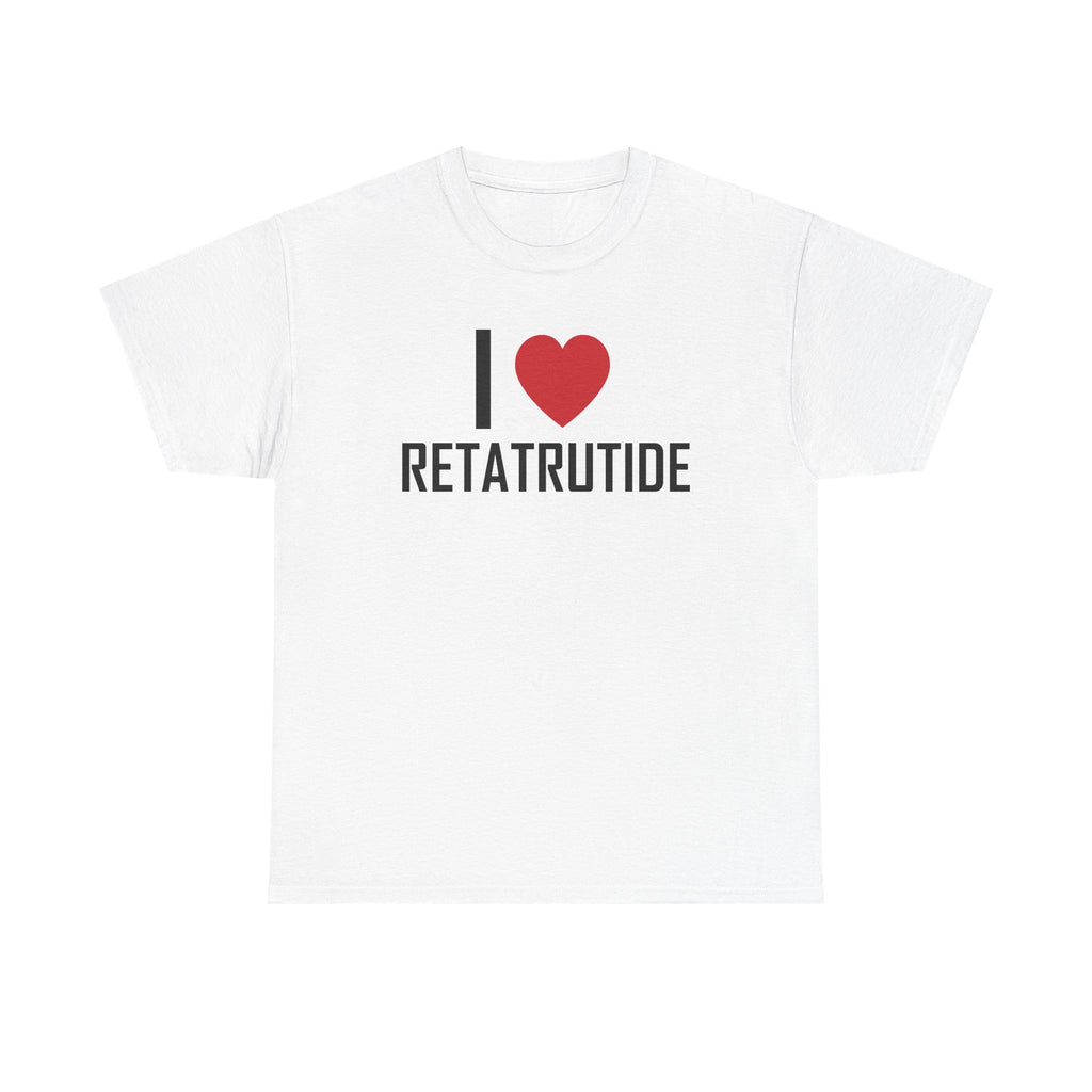 White t-shirt printed with "I", a large red heart, then the word RETATRUTIDE.