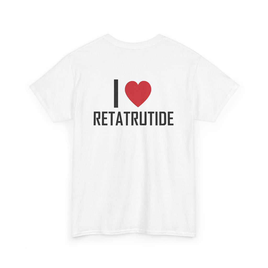 White t-shirt, back printed printed with "I", a large red heart, then the word RETATRUTIDE, shown from another angle.