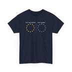 Navy t-shirt printed with two rings of stars side by side: "EU’s own opinion" with twelve gold stars, "User reviews" with a single gold star out of twelve, shown flat from another angle.