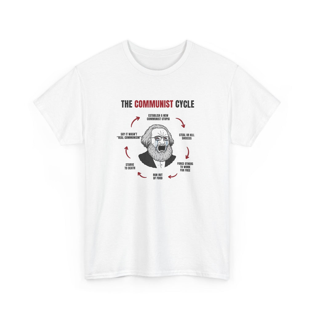 White t-shirt printed with "THE COMMUNIST CYCLE": six red arrows looping around a crying Karl Marx cartoon, from "establish a new communist utopia" round to "say it wasn’t real communism", shown flat from another angle.