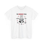 White t-shirt printed with "THE COMMUNIST CYCLE": six red arrows looping around a crying Karl Marx cartoon, from "establish a new communist utopia" round to "say it wasn’t real communism", shown flat from another angle.