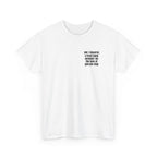 White t-shirt printed with "Me: i deserve a treat. Bank account: for the love of god pls stop", shown flat from another angle.