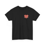 Black t-shirt printed with a large salmon-red heart made of jigsaw puzzle pieces, lettered across it "Someone with AUTISM Stole my Heart", shown flat from another angle.