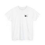 White t-shirt printed with "My pronouns are all/in" in serif type above a roulette wheel and a fanned pile of banknotes, shown flat from another angle.