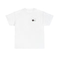 White t-shirt printed with "My pronouns are all/in" in serif type above a roulette wheel and a fanned pile of banknotes.