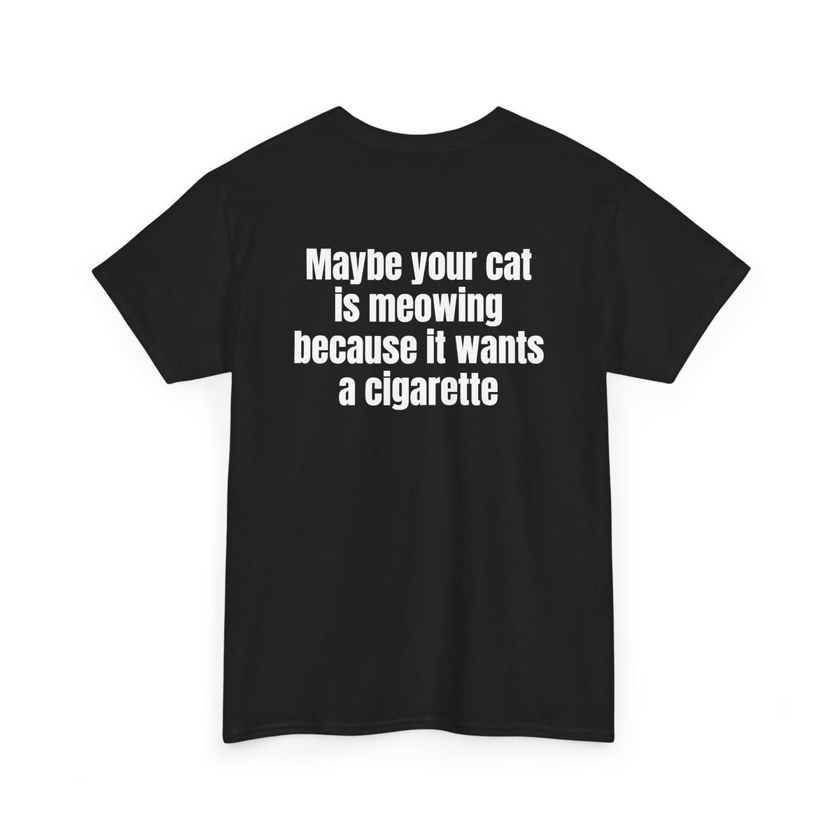 Black t-shirt, back printed with "Maybe your cat is meowing because it wants a cigarette", shown from another angle.