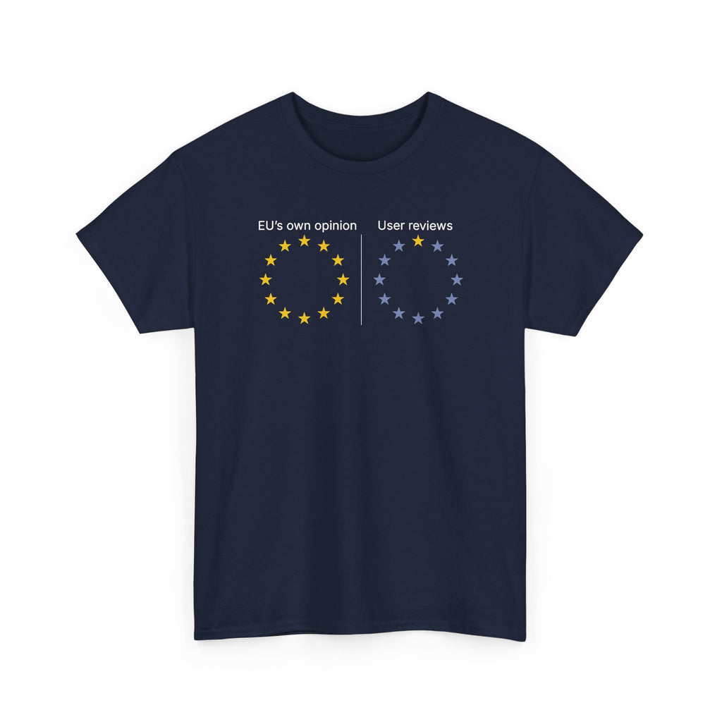 Navy t-shirt printed with two rings of stars side by side: "EU’s own opinion" with twelve gold stars, "User reviews" with a single gold star out of twelve, shown flat from another angle.