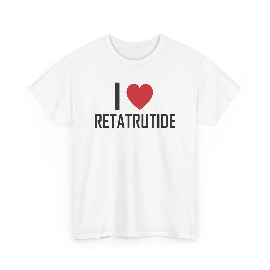 White t-shirt printed with "I", a large red heart, then the word RETATRUTIDE, shown flat from another angle.