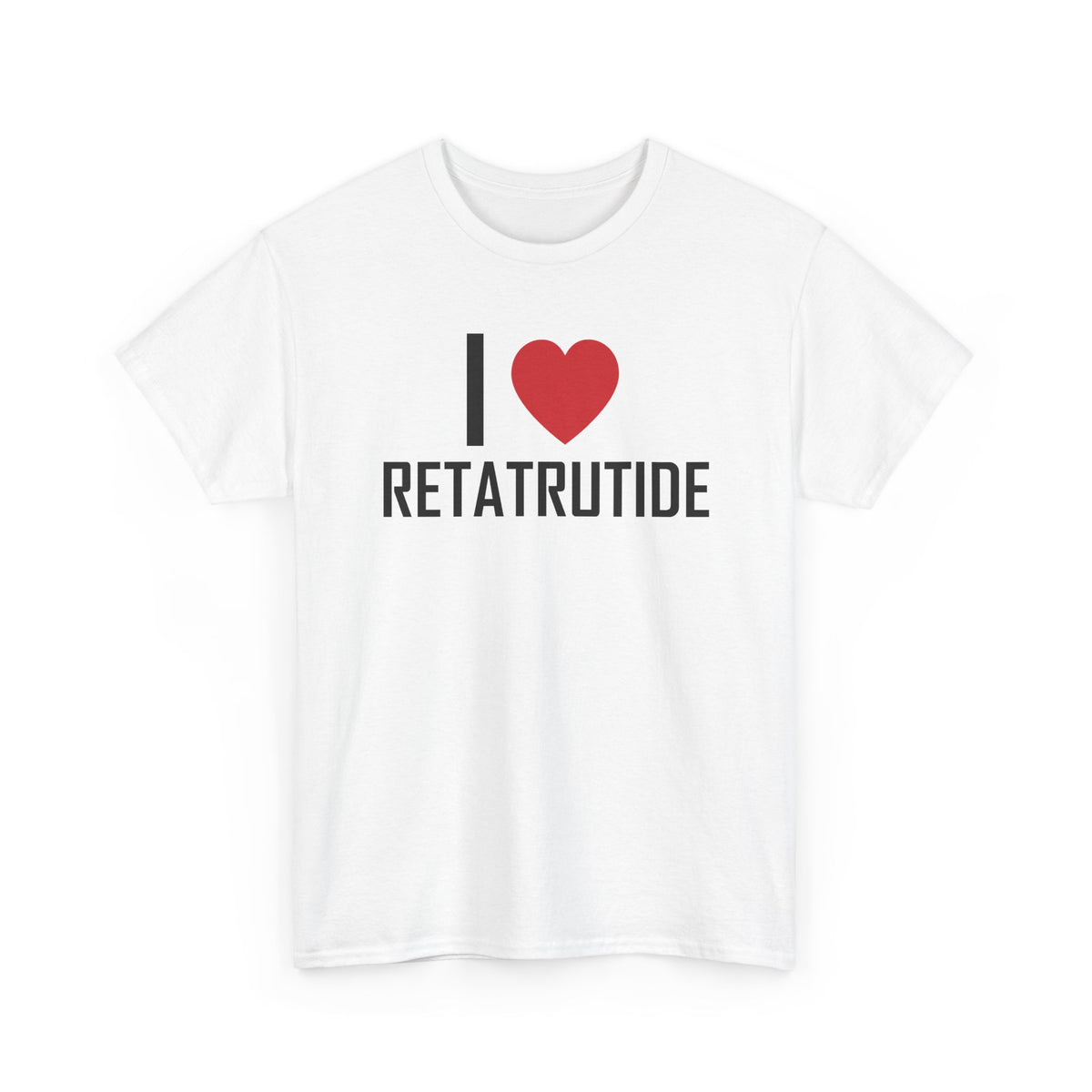 White t-shirt printed with "I", a large red heart, then the word RETATRUTIDE, shown flat from another angle.