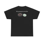 Black t-shirt, back printed printed with "My pronouns are all/in" in serif type above a roulette wheel and a fanned pile of banknotes.