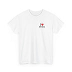 White t-shirt printed with "I", a large red heart, then the words MY DATA, shown flat from another angle.