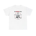 White t-shirt printed with "THE COMMUNIST CYCLE": six red arrows looping around a crying Karl Marx cartoon, from "establish a new communist utopia" round to "say it wasn’t real communism".