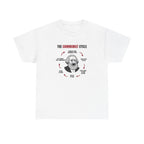 White t-shirt printed with "THE COMMUNIST CYCLE": six red arrows looping around a crying Karl Marx cartoon, from "establish a new communist utopia" round to "say it wasn’t real communism".