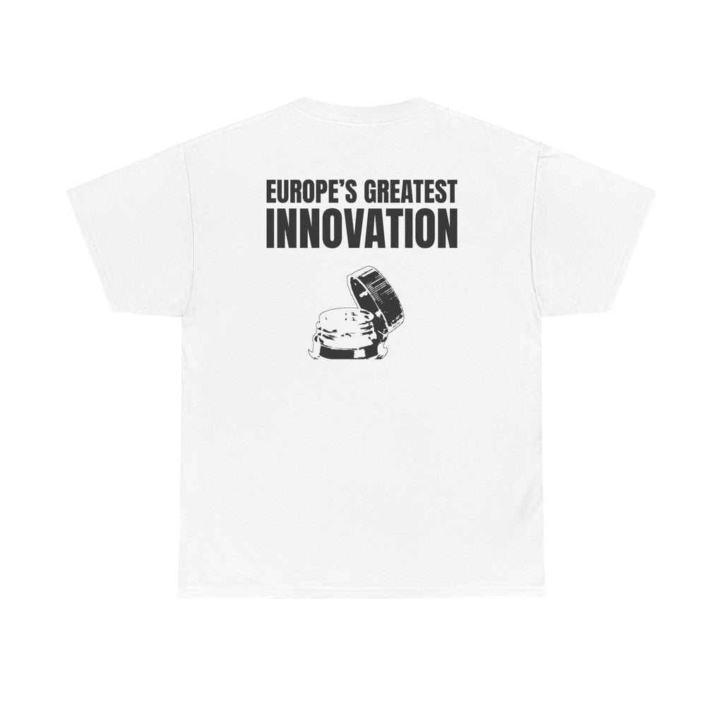 White t-shirt, back printed printed with "EUROPE’S GREATEST INNOVATION" above an ink drawing of a tethered bottle cap.