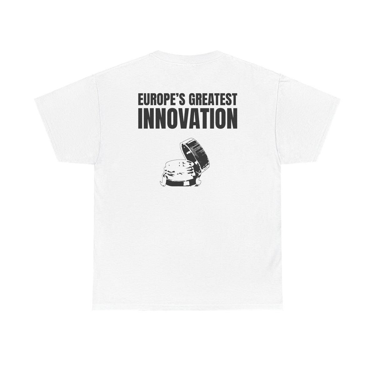 White t-shirt, back printed printed with "EUROPE’S GREATEST INNOVATION" above an ink drawing of a tethered bottle cap.