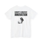 White t-shirt, back printed printed with "EUROPE’S GREATEST INNOVATION" above an ink drawing of a tethered bottle cap, shown from another angle.