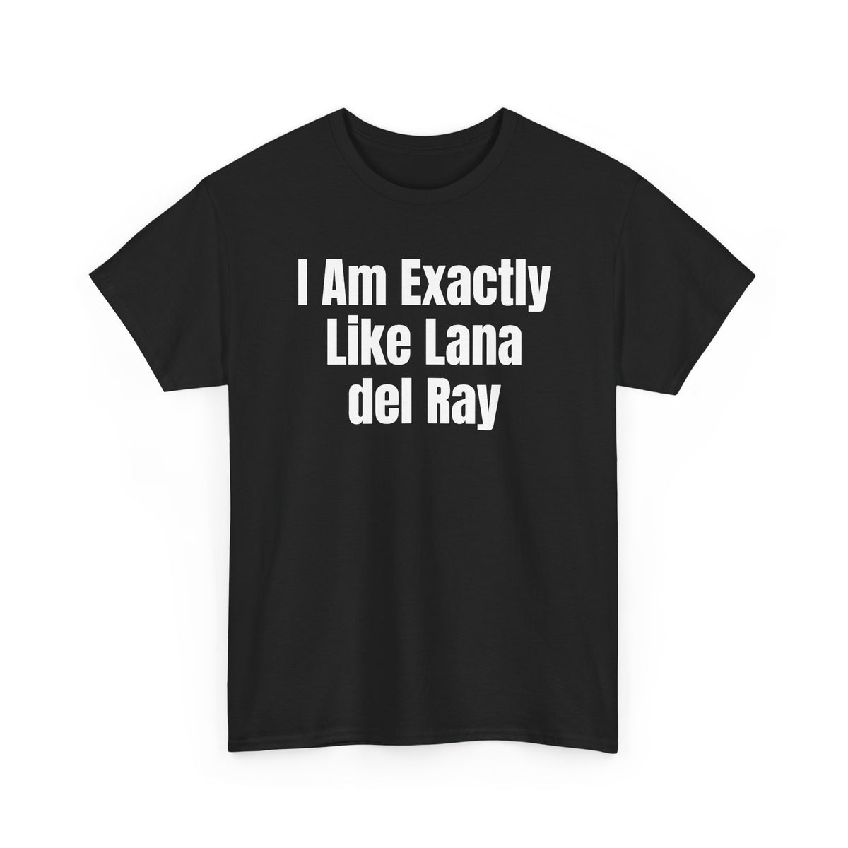 Black t-shirt printed with "I am exactly like Lana del Ray", shown flat from another angle.