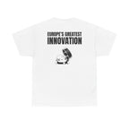 White t-shirt, back printed printed with "EUROPE’S GREATEST INNOVATION" above an ink drawing of a tethered bottle cap.