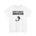 White t-shirt printed with "EUROPE’S GREATEST INNOVATION" above an ink drawing of a tethered bottle cap, shown flat from another angle.