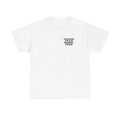 White t-shirt printed with "It was revealed to me by the microplastics in my brain".