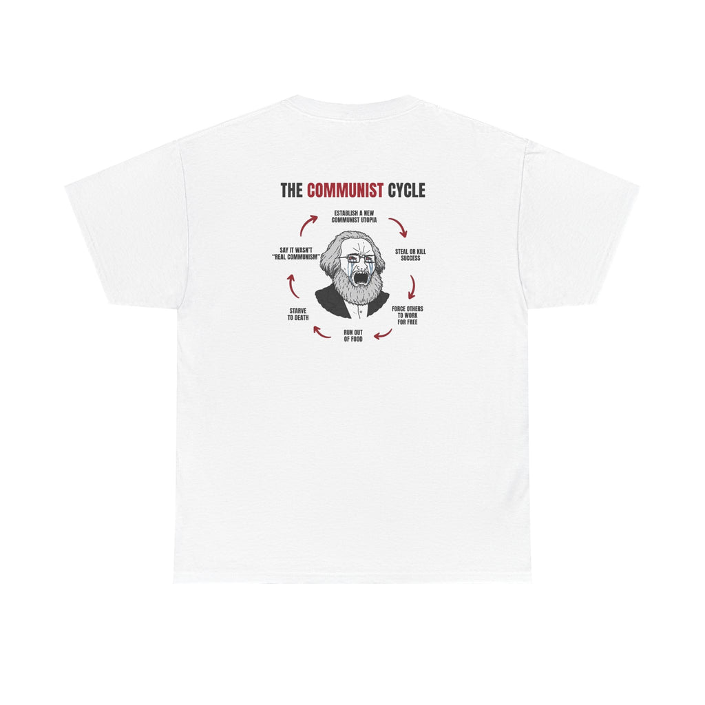 White t-shirt, back printed printed with "THE COMMUNIST CYCLE": six red arrows looping around a crying Karl Marx cartoon, from "establish a new communist utopia" round to "say it wasn’t real communism".