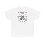White t-shirt, back printed printed with "THE COMMUNIST CYCLE": six red arrows looping around a crying Karl Marx cartoon, from "establish a new communist utopia" round to "say it wasn’t real communism".