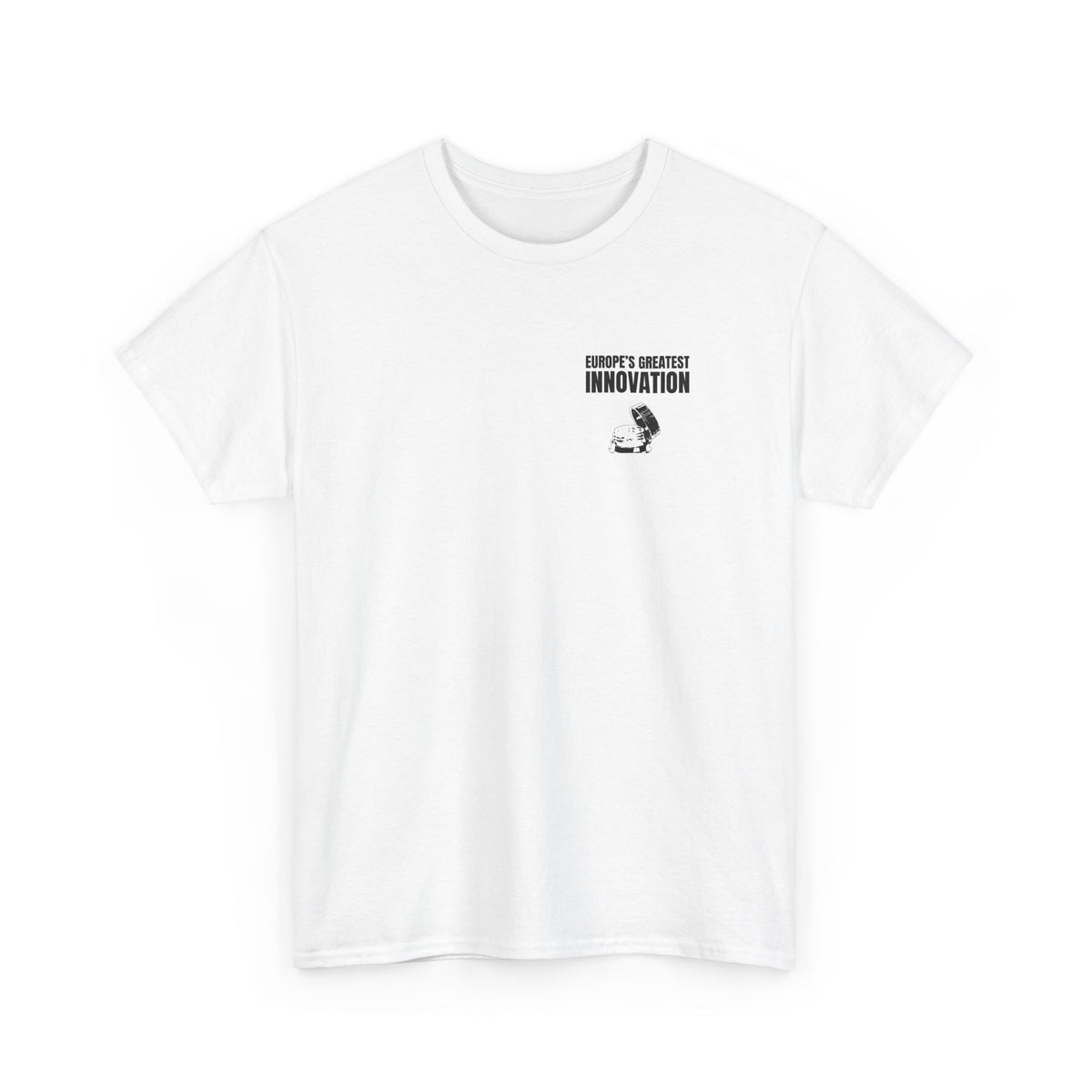 White t-shirt printed with "EUROPE’S GREATEST INNOVATION" above an ink drawing of a tethered bottle cap, shown flat from another angle.
