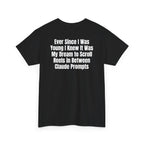 Black t-shirt, back printed with "Ever since i was young i knew it was my dream to scroll reels in between Claude prompts", shown from another angle.