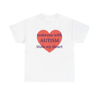 White t-shirt printed with a large salmon-red heart made of jigsaw puzzle pieces, lettered across it "Someone with AUTISM Stole my Heart".