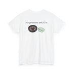 White t-shirt, back printed printed with "My pronouns are all/in" in serif type above a roulette wheel and a fanned pile of banknotes, shown from another angle.