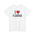White t-shirt, back printed printed with "I", a large red heart, then the word FLUORIDE, shown from another angle.