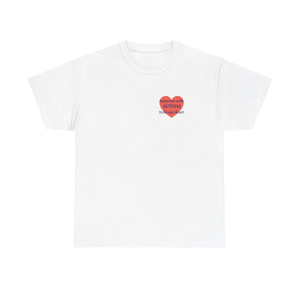 White t-shirt printed with a large salmon-red heart made of jigsaw puzzle pieces, lettered across it "Someone with AUTISM Stole my Heart".
