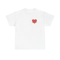 White t-shirt printed with a large salmon-red heart made of jigsaw puzzle pieces, lettered across it "Someone with AUTISM Stole my Heart".