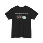 Black t-shirt, back printed printed with "My pronouns are all/in" in serif type above a roulette wheel and a fanned pile of banknotes, shown from another angle.