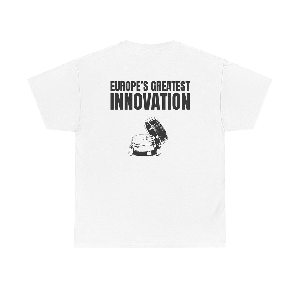 White t-shirt, back printed printed with "EUROPE’S GREATEST INNOVATION" above an ink drawing of a tethered bottle cap.